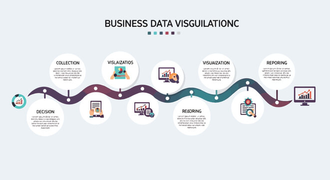 Business data visualization infographic with icons and flow chart.