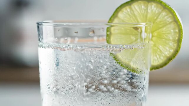 Glass with ice lemon drink, lime sparkling water close-up