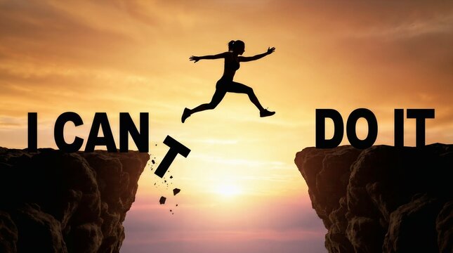 Woman Jumping Over Cliff and Changing I Can't to I Can Do It Text as Motivation Concept