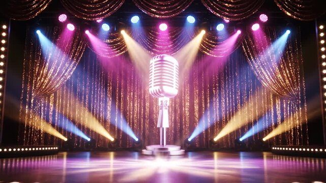 Vintage mic lighting scene in center stage, stage mic