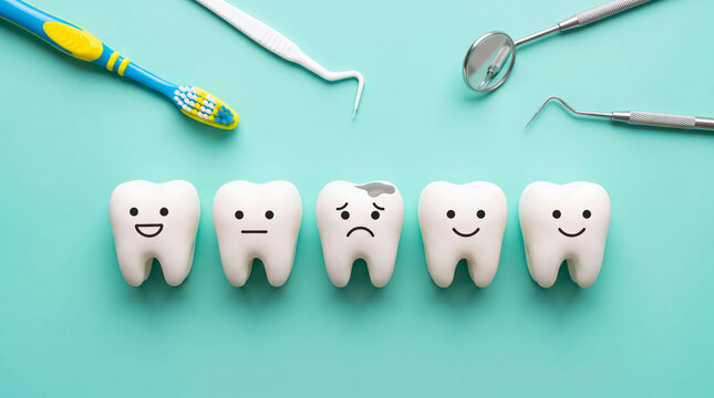 Dental health concept with tooth models and facial expressions, white teeth with decay and smile icons, professional dentist tools on turquoise background