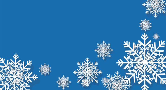 White snowflake crystal patterns on blue background.