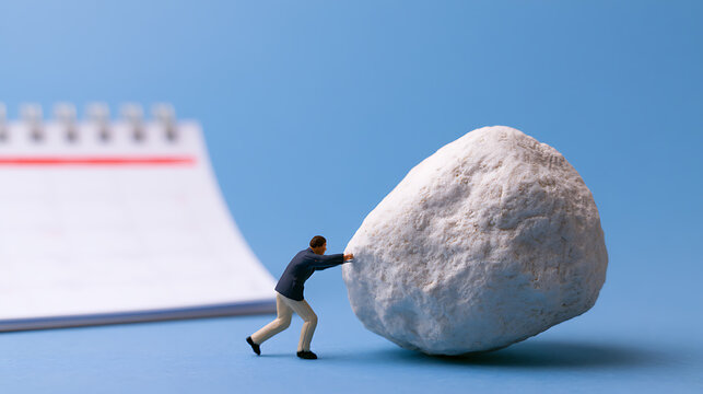 Miniature figure pushes a large white rock on a vibrant blue background, symbolizing effort, challenge, and determination in business and life