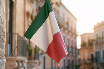 Italian flag waves gently beside stone balcony. Sunlight bathes old European buildings softly. Background features warm hues and classic architecture. Ideal for cultural, travel
