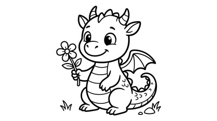 Fototapeta premium Cute and Simple Coloring Page of a Dragon Holding a Flower for Kids
