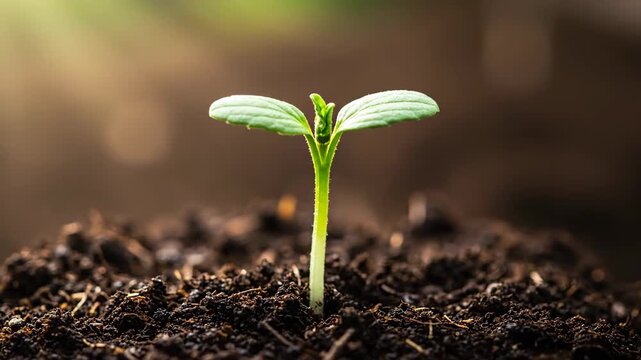 Close-up of seedling growth in soil, seedlings sprouting in sunlight