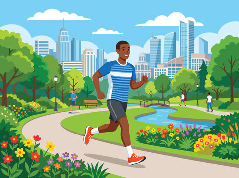Urban Jogger's Delight: A fit man joyfully runs on a paved path in a vibrant city park, surrounded by lush greenery, colorful flowers, a tranquil pond, and a distant cityscape.