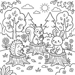 Fototapeta premium Cute woodland animals sitting on tree stumps in a forest scene in black and white