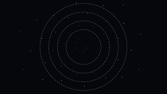 Abstract spiral motion animation 4k background, with pulsing white, particles and concentric, dashed circles