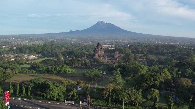 Prambanan Temple with Merapi mountain view, ancient Hindu architecture in Yogyakarta, Indonesia.