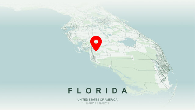 Modern minimalist vector map of Florida. High-quality scalable illustration of Florida state geographic boundaries, Everglades wetland topography, Miami, Orlando, Tampa urban hubs for posters design.