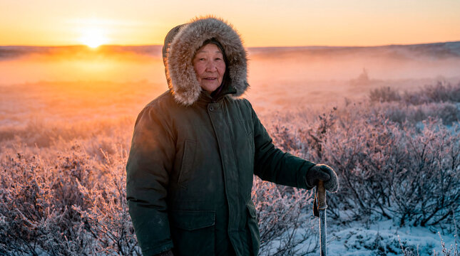 Weathered senior woman in parka with cane on frosty field at golden sunrise