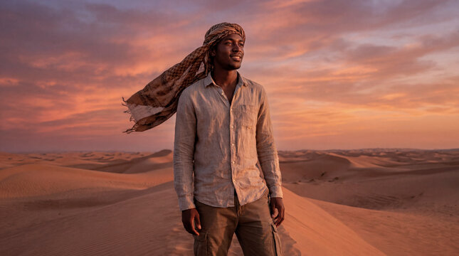 Determined man in headscarf walking desert dunes at warm sunset light