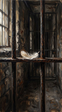 Single Feather Resting on Prison Bars Symbolizing Hope and Freedom