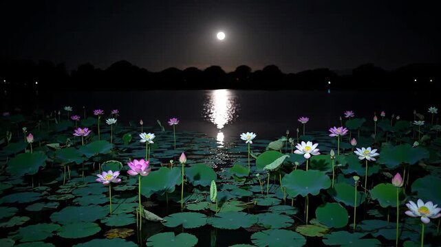 Lotus pond with lotus flowers and leaves under the moonlight, lotus pond moonlit night view
