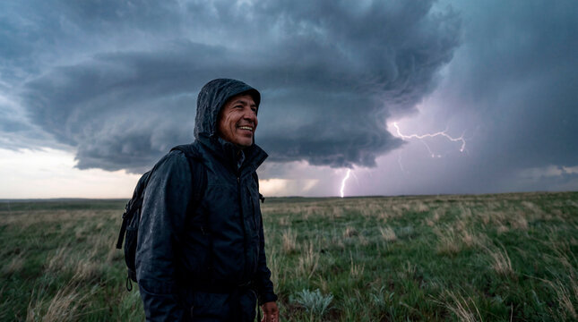 Determined man in hooded jacket watching supercell storm and lightning on plain