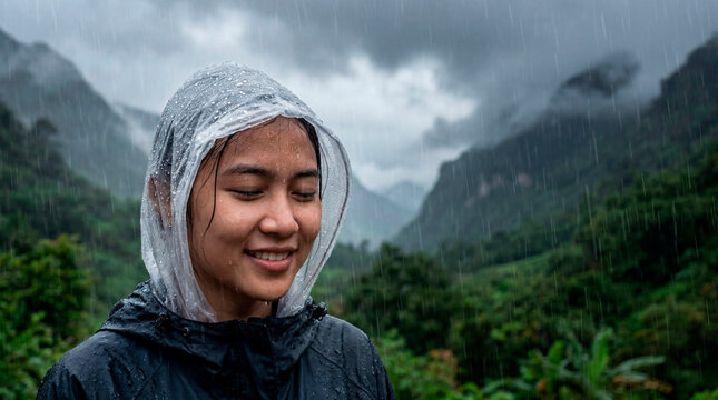 Serene young woman in rain poncho smiling in lush misty green canyon
