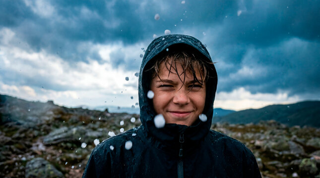 Determined boy in wet raincoat on rocky ridge under stormy rainfall
