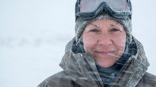 Resolute woman explorer with frost on face during arctic snow blizzard