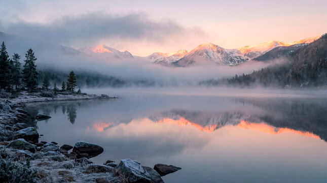 Snowy mountains reflected in still alpine lake wrapped in morning mist