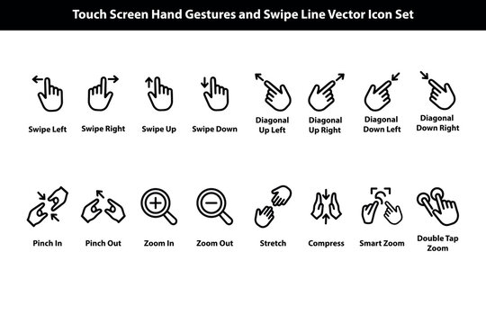 Touchscreen Gesture Icons Representing Swipe Pinch Zoom And Other Mobile Interface Actions hand fingers digital