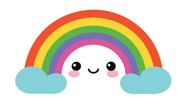 Cute cartoon rainbow with smiling face and pink blush between blue clouds vector illustration isolated on white background.