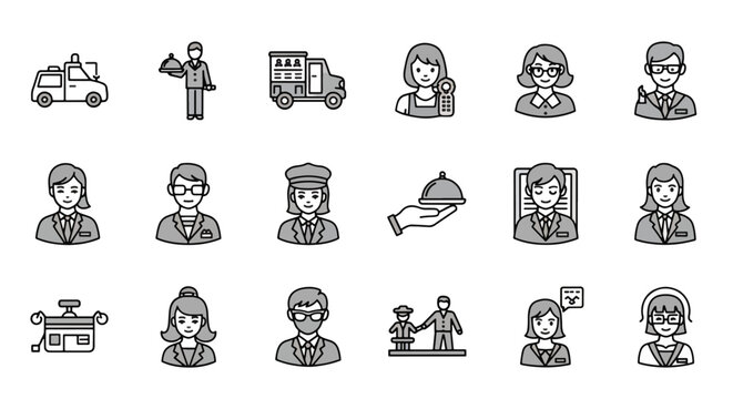 Collection of simple line art icons depicting various professions and activities.