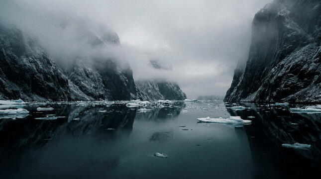 Misty fjord cliffs and floating icebergs reflected in dark still water