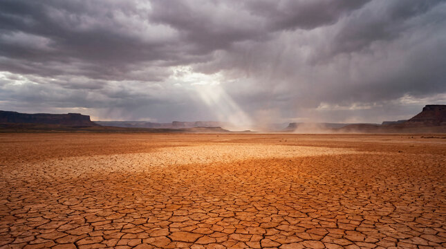 Cracked desert plain and distant mesa under dramatic beam of storm light