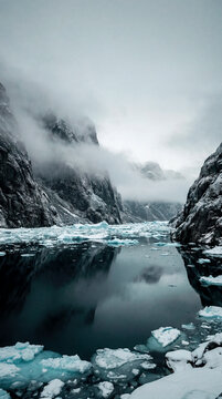 Misty mountains and drifting ice reflected in calm dark fjord water