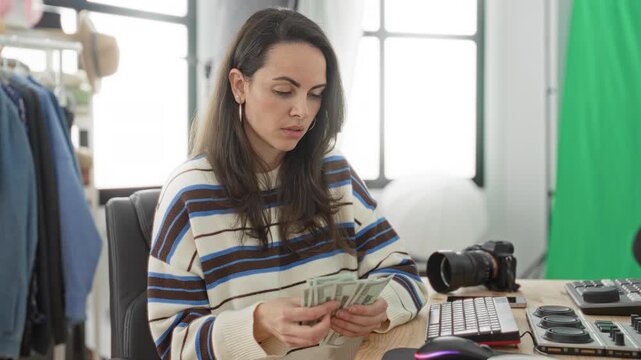Woman counting dollars with hands at a desk in a photography studio with camera, keyboard and green screen visible; concentration earnings.