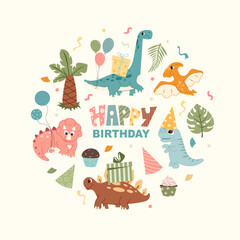 Happy Birthday dinosaur elements set arranged in a circle. Collection with cute dinosaurs, birthday gifts, balloons, cupcakes, palm tree, and confetti. Vector illustration on beige  © Инна Музыка