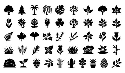 Obraz premium Black Plant Silhouette Icon Pack Trees Flowers and Grass Vector