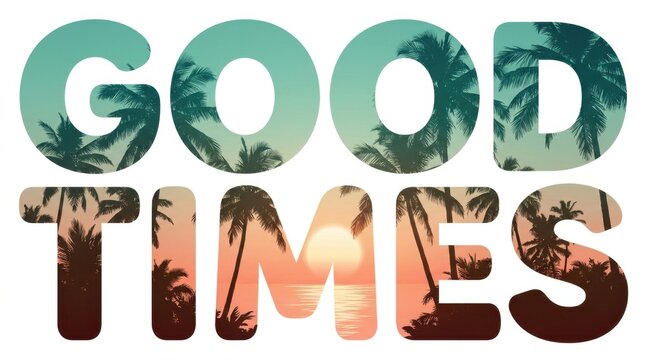 Stacked bold typography text reading GOOD TIMES with double exposure tropical palm trees and ocean sunset landscape on white background