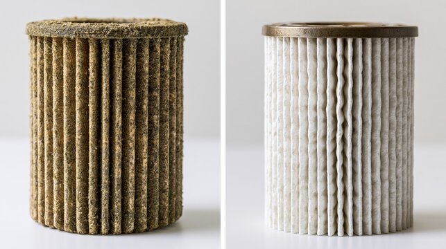 Split frame showing a pool filter cartridge completely clogged with brown-green algae and calcium versus a brand new bright white clean cartridge.