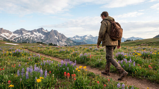 Man hiking mountain trail through vibrant alpine wildflower meadow