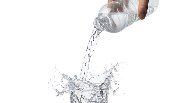 Hand pouring water from a clear plastic bottle into a glass isolated on transparent background