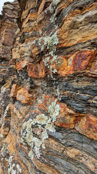 Textured rock face patterned with pale lichen and mineral striations