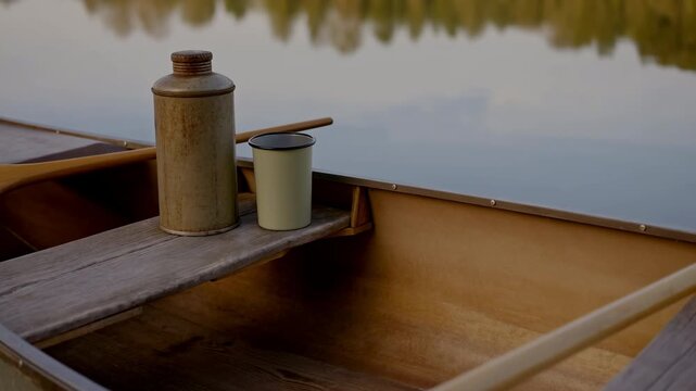 stationary rowboat with wooden boat and plastic oars on a water body, surrounded by a scenic thatched roof structure, captured in a top-down view, evoking a relaxed mood in a natural brown.