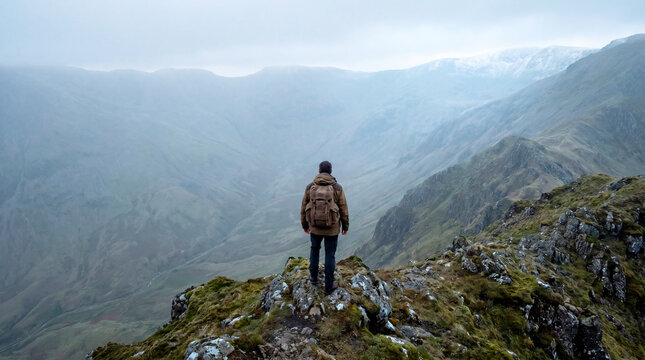 Solitary man overlooking vast misty valley from windswept mountain ridge