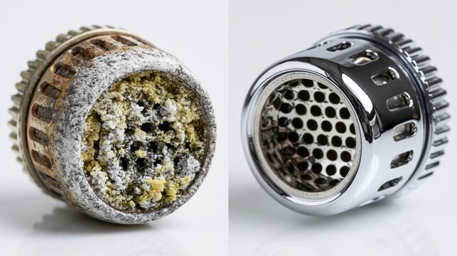 Split frame macro showing a faucet aerator packed solid with calcium mineral deposits versus a clean new gleaming aerator.