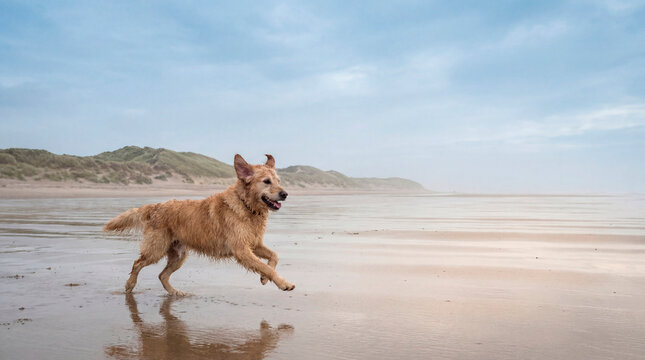 Golden dog sprinting joyfully across wet sand on wide open beach