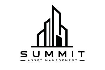 Fototapeta premium Summit asset management logo with skyscraper city skyline.