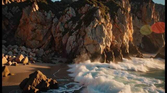 Dramatic Coastal Cliffs and Waves Crashing on a Sandy Beach at Sunset