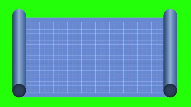 architect construction plans blueprint design scroll being unravelled to unveil a plain blank blueprint paper roll with empty copy space and a chroma key green background 4K animation 