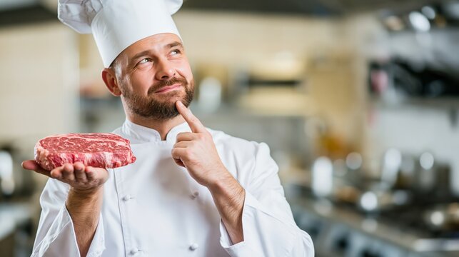 Chef holding a raw marbled steak with a chin-resting hmm thinking expression, blurred commercial kitchen as right-side copy space.