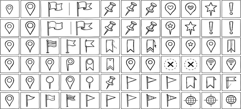 Doodle location pin. Sketch local icons. Hand drawn pencil address coordinate symbols, chalk digital map pinpoint, GPS tag, place marker, journey point. Vector set