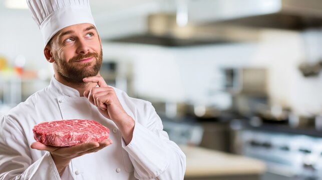 Chef holding a raw marbled steak with a chin-resting hmm thinking expression, blurred commercial kitchen as right-side copy space.