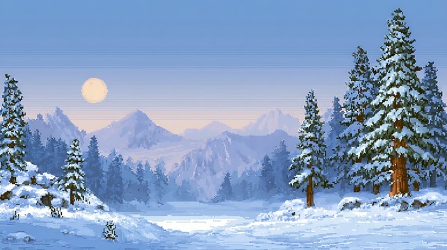 Snowy mountain peak with pine trees and bright sun in clear blue sky