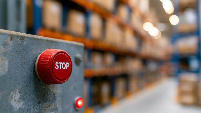 Red Emergency Stop Button with "STOP" Text on Industrial Equipment in a Warehouse Setting with Blurry Racks and Boxes in Background